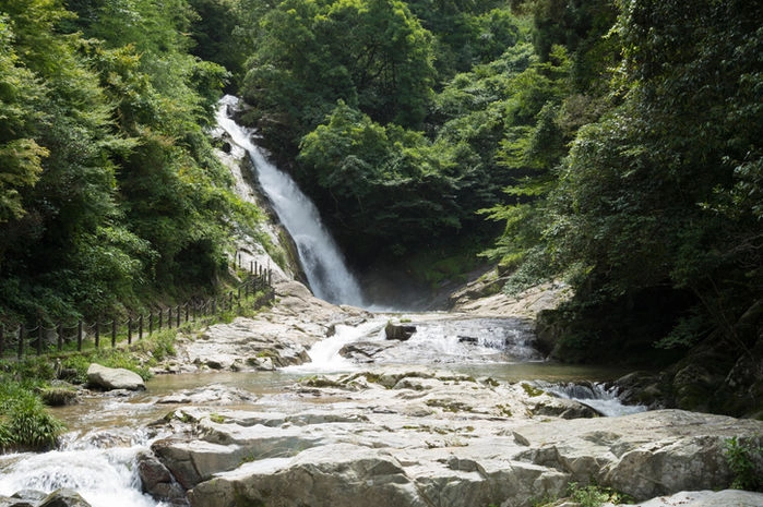 山の中に流れる滝と川の写真