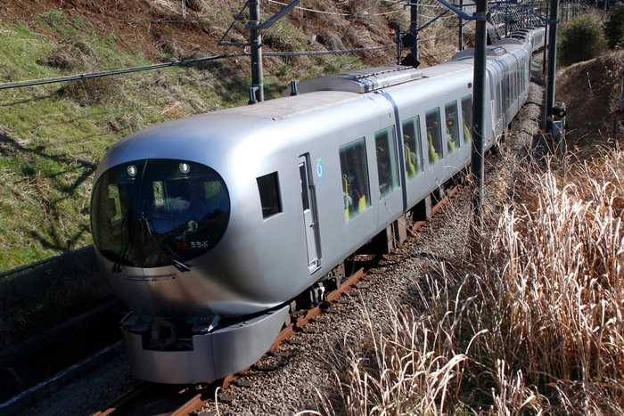西武鉄道の特急ラビューが山間を走行するところ