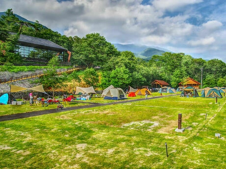 休暇村網張温泉キャンプ場の緑に囲まれたキャンプサイト