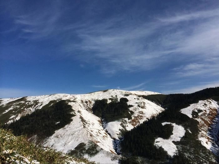 雪が積もった巻機山