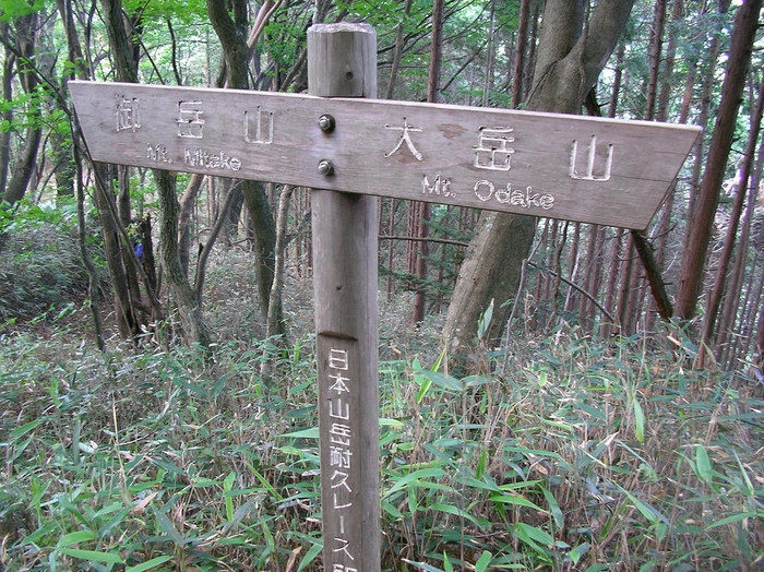 御岳山と大岳山の分かれ道の標識