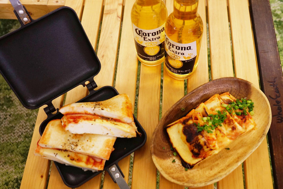 ホットサンドメーカーで作った料理とコロナビール