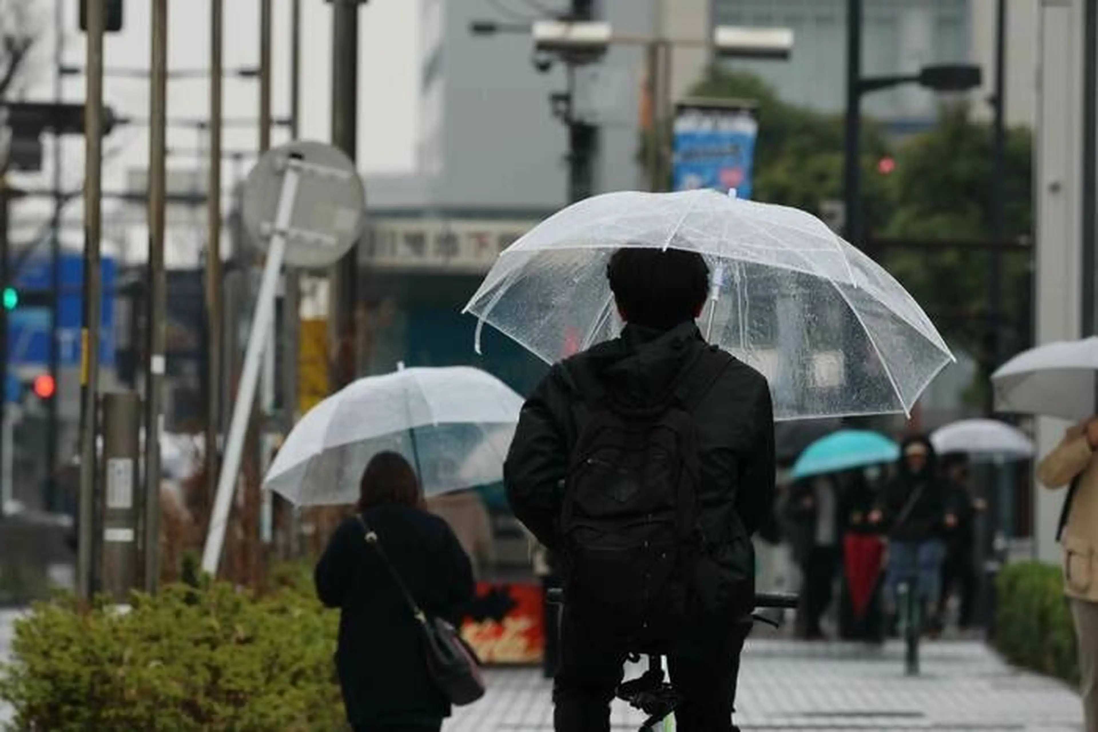 自転車の傘差し運転をしている様子