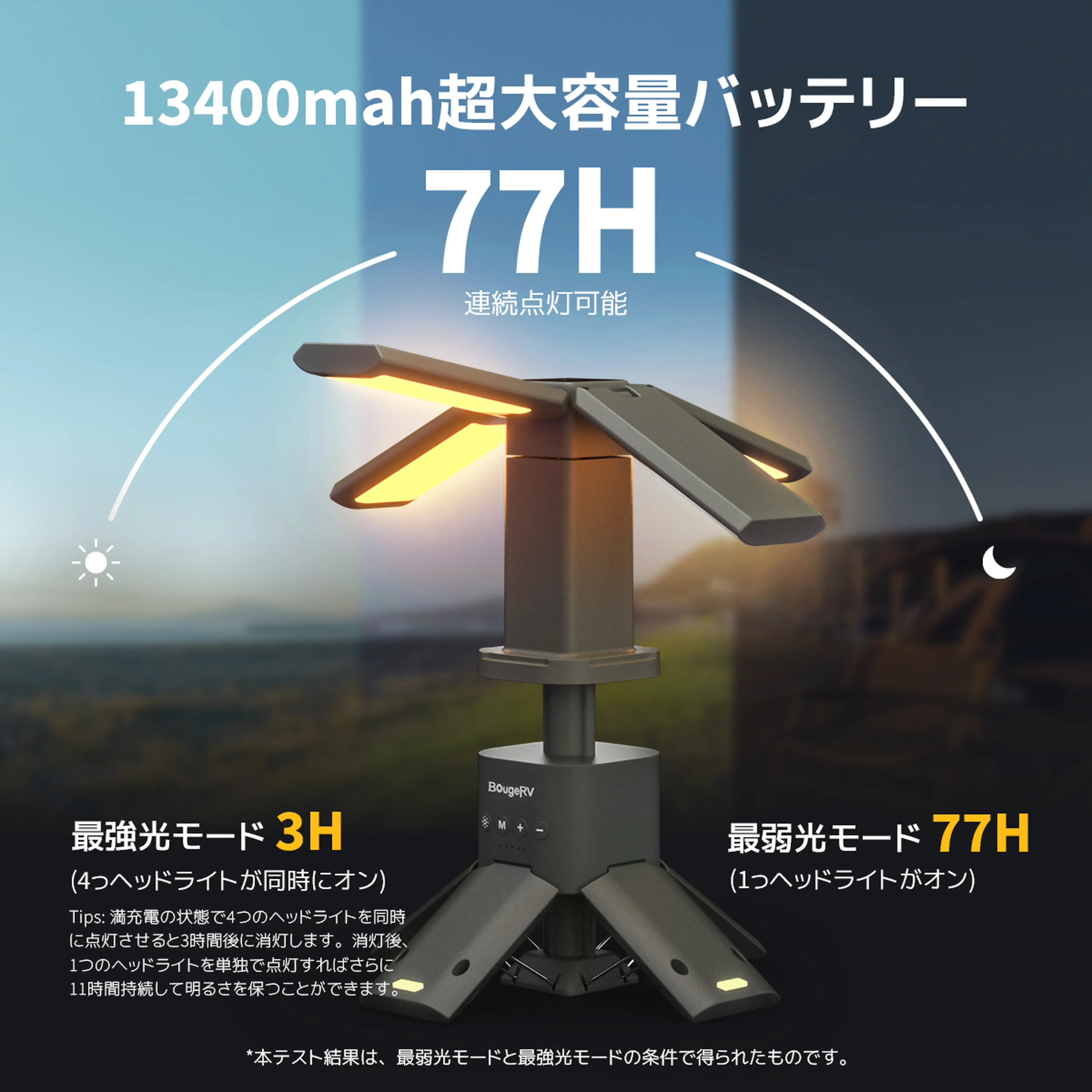 キャンプサイトを360°照らす！高輝度＆大容量バッテリーのスタンド付き
